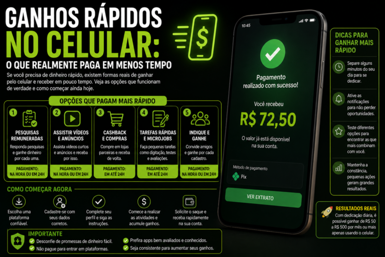 Ganhos rápidos no celular: o que realmente paga em menos tempo