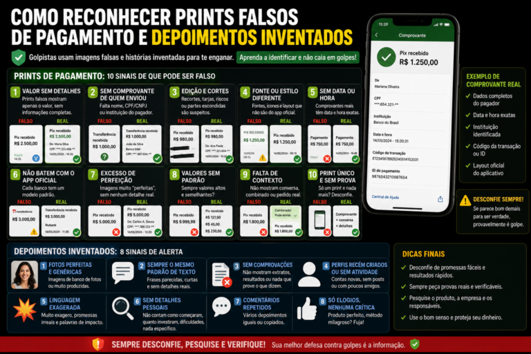 Como reconhecer prints falsos de pagamento e depoimentos inventados