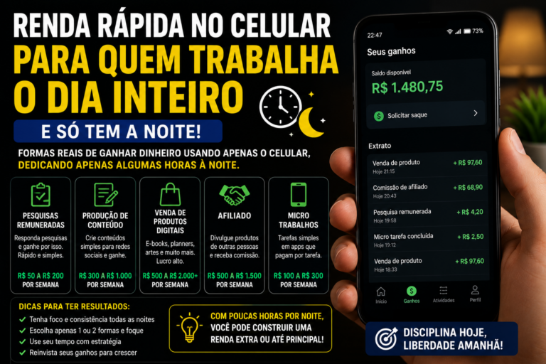 Renda rápida no celular para quem trabalha o dia inteiro e só tem a noite