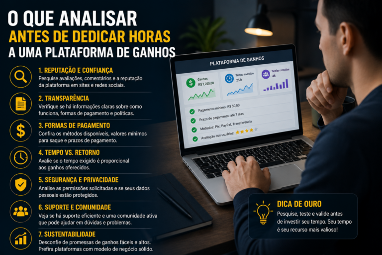O que analisar antes de dedicar horas a uma plataforma de ganhos